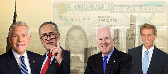 An EB-5 visa superimposed on Manhattan (inset from left: Pete Sessions, Chuck Schumer, John Cornyn and Jeff Flake)