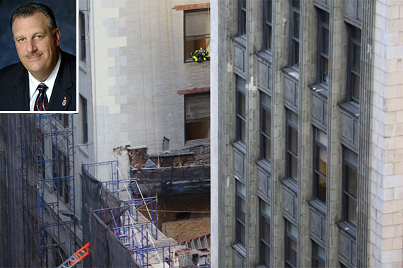 Collapse at 25 West 38th Street (credit: @Hennesseyedit/Twitter) (inset: Gary LaBarbera)