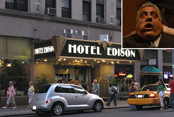 The Hotel Edison at 225 West 47th Street in Midtown (inset: Luca Brasi's death in "The Godfather")