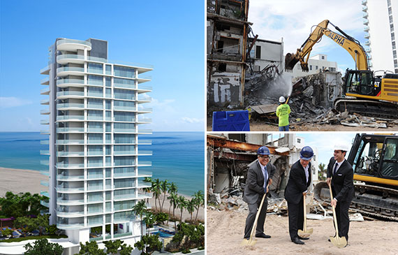 Clockwise from left: a rendering of the L'Atelier Residences, an excavator tears down pieces of the Golden Sands Hotel, and Meir Srebrenik, Greg Martin and Daniel de la Vega shovel dirt at the groundbreaking