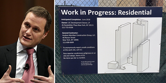 From left: Rob Speyer and a sign announcing the work project in Long Island City (credit: Court Square blog)