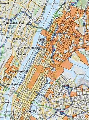 New York City map with TEAs shown in orange (Credit: EB5 Affiliate Network)