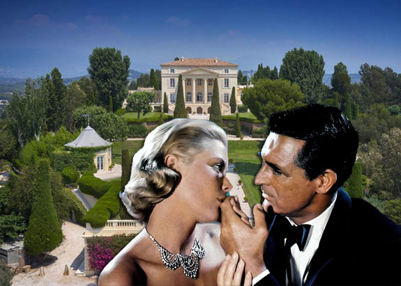 Grace Kelly and Cary Grant in Alfred Hitchcock’s 1955 film “To Catch a Thief” and the chateau featured in the film
