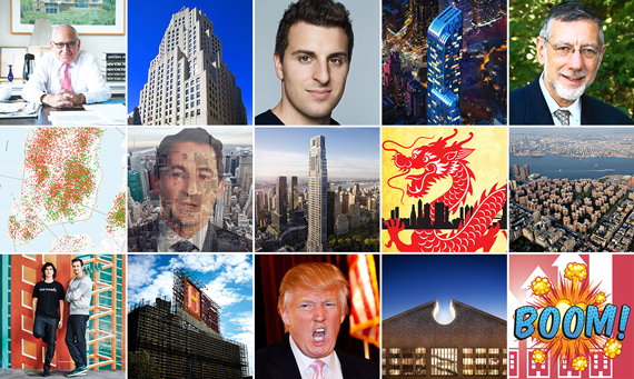 Top from left: Robert A.M. Stern, 11 Madison Avenue, Brian Chesky, One57 and Rubin Schron. Middle from left: A map of Airbnb listings, Jonathan Gray, 220 Central Park South, <em>The Real Deal</em>'s March issue and Stuy Town. Bottom from left: Adam Neumann and Miguel McKelvey, the History Channel building in the Bronx, Donald Trump, 550 Madison Avenue and <em>The Real Deal</em>'s April issue