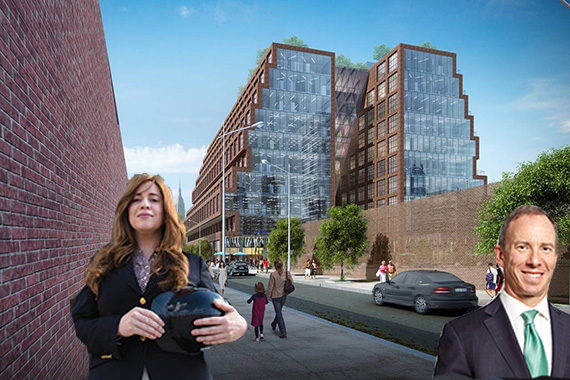 Toby Moskovits (Credit: Ashley Walker), David Rubenstein and a rendering of 25 Kent Avenue (Credit: Lifang)