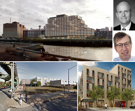 Clockwise from top left: a rendering of Dock 72 at 625 Kent Avenue at the Brooklyn Navy Yard (credit: S9 Architecture), Owen Thomas, Bill Rudin (credit: STUDIO SCRIVO), a rendering of a Livonia Commons building (credit: Bernheimer Architecture) and 453 Hinsdale Street in East New York