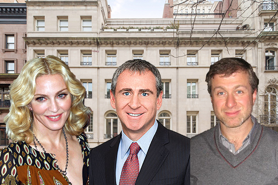 Townhouses at 12, 14 and 16 East 63nd Street, expected to fetch a combined $120 million (credit: Douglas Elliman) (inset from left: Madonna, Kenneth Griffin and Roman Abramovich)