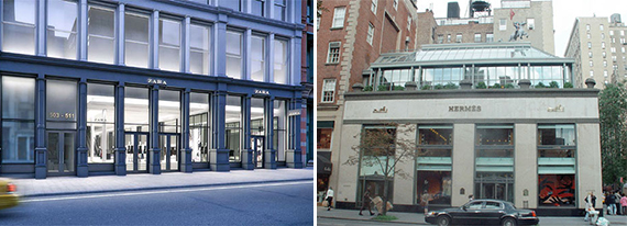 From left: A rendering of the Zara store at 503 Broadway in Soho and Hermes at 691 Madison Avenue