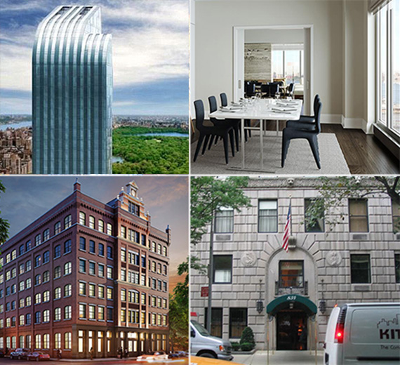 Clockwise from top left: One57, rendering of One Riverside Park, 834 Fifth Avenue and the Schumacher at 36 Bleecker
