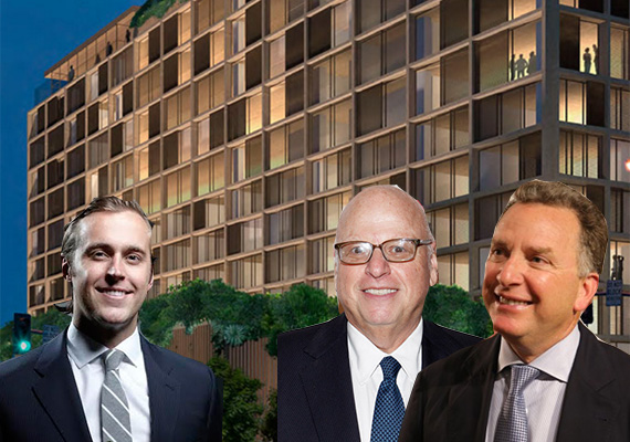 From left: Dustin Stolly, Howard Lorber, Steve Witkoff and a rendering of the West Hollywood Edition hotel