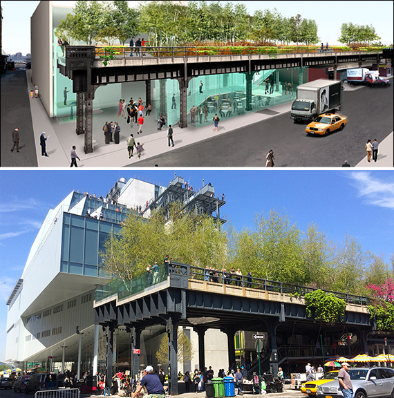 An early rendering of the High Line (top) and the new Whitney Museum (credit: Hyperallergic.com)