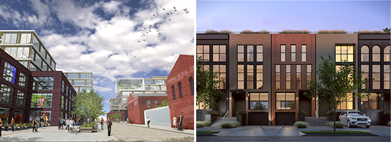From left: A rendering of Est4te Four at 160 Imlay Street and a rendering of King and Sullivan townhouses at 72-78 Sullivan Street