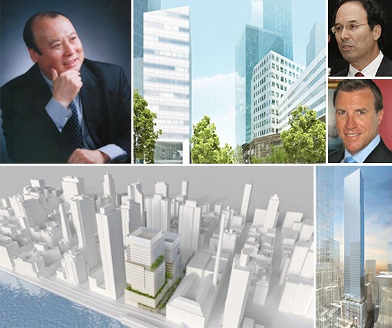 Clockwise from top left: Lu Zhiqian, a rendering of Riverside Center (credit: Christian de Portzamparc) (inset from top: Gary Barnett and James Linsley), a rendering of 520 Fifth Avenue (credit: Handel Architects) and a rendering of 525-529 East 73rd Street (credit: Memorial Sloan Kettering Cancer Center)
