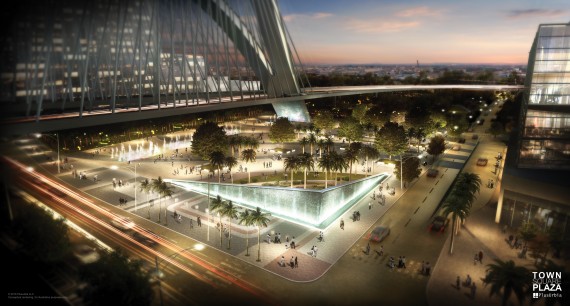 A rendering of the proposed Town Square Plaza in downtown Miami that would sit under the I-395 "signature bridge"