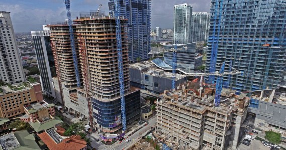An aerial shot of Brickell, including the construction sites for SLS Lux and Brickell City Centre