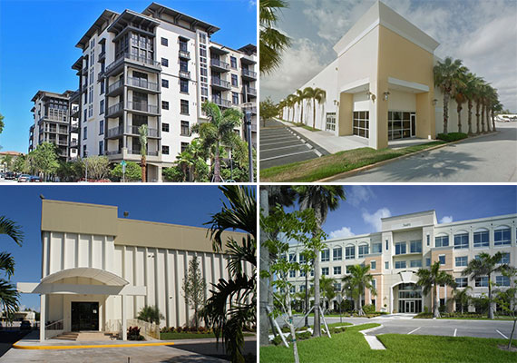 Clockwise from left: A rendering of Manor at Flagler Village, the industrial building at 3375 Southwest 24th Street, Miramar Centre III and the building at 2800 North Andrews Avenue