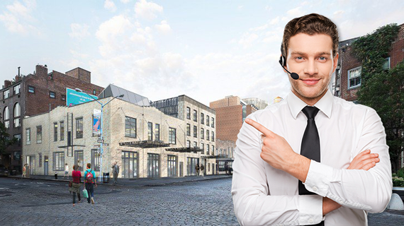 A rendering of 46-74 Gansevoort Street and a stock image of a call center worker