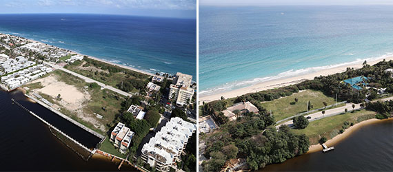 The 11.3-acre assemblage, left, and the 3.35-acre plot, right. Both are located in Hillsboro Beach