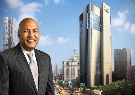 NYC Department of Finance Commissioner Jacques Jiha and a rendering of 375 Pearl Street