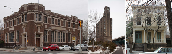 From left, The Stone Avenue branch of the Brooklyn Public Library, Bank of Manhattan Company Building, and Henry and Susan McDonald House.