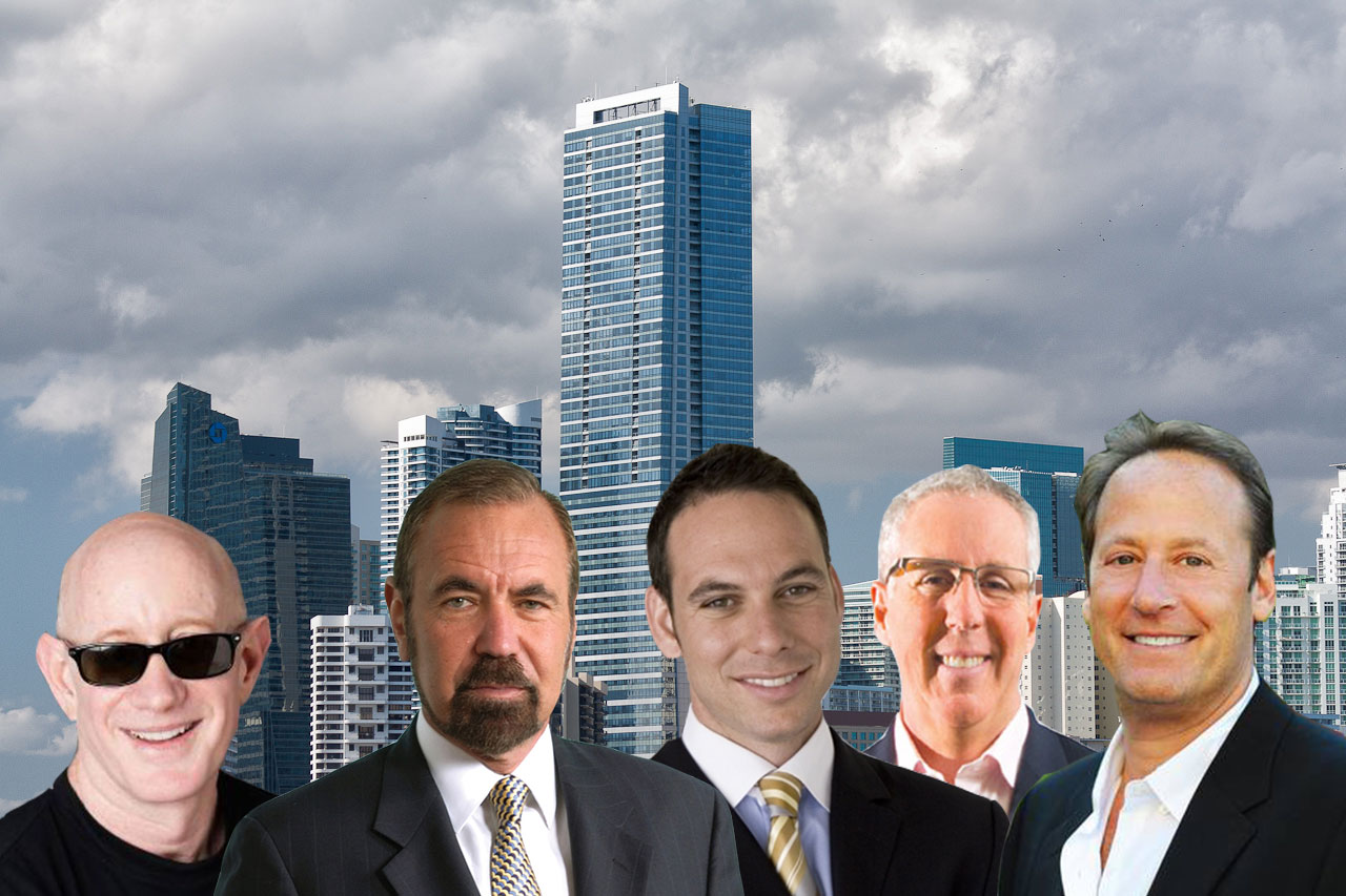 The Miami skyline (Credit: John Spade) and panelists, from left: Jonathan Fryd, Jorge Perez, Tony Cho, Kevin Maloney and Michael Comras