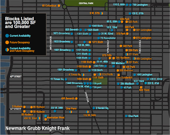 A map of large office blocks in Midtown (credit: Newmark Grubb Knight Frank)
