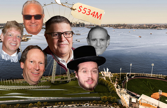 Clockwise from top: New York Wheel investors Rich Marin, Eric Kaufman, Meir Laufer, Jay Anderson, Lloyd Goldman and Joseph Nakash and a rendering of the project