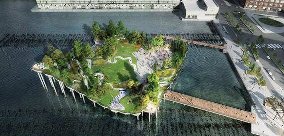 A rendering of Barry Dillet's floating park he wants to build on piers over the Hudson River