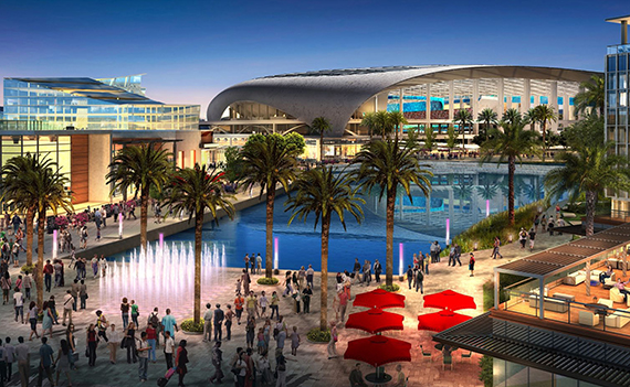 A rendering of the mixed-use project that includes the Inglewood stadium (credit: HKS)