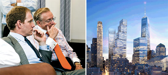 From left: Silverstein Properties' Janno Lieber, Larry Silverstein and a rendering of 2 World Trade Center (credit: BIG)
