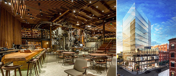 From left: Starbucks Reserve Roastery and Tasting Room in Seattle, and a rendering of 860 Washington Street in the Meatpacking District (credit: James Carpenter)