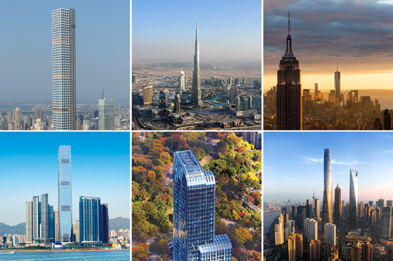 Clockwise from top left: 432 Park Avenue, the Burj Khalifa, the Empire State Building and One World Trade Center, Shanghai Tower, One57 (Credit: Evan Joseph) and the International Commerce Centre