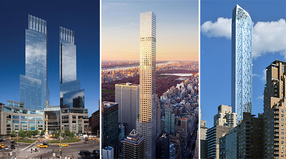 From left: The Time Warner Center, 432 Park Avenue and One57  at 157 West 57th Street