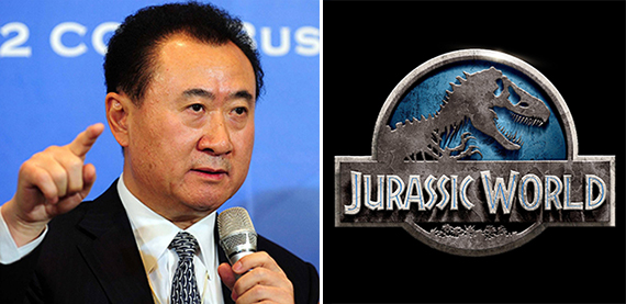 From left: Wang Jianlin and a poster for "Jurassic World"