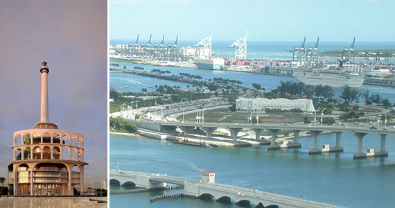 A rendering of the new Chalk's seaplane facility and an aerial view of Miami's Watson Island (Credit: Marc Averette)