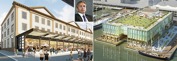 <em>From left: Rendering of Tin House and Pier 17 (inset: Dave Weinreb)</em>