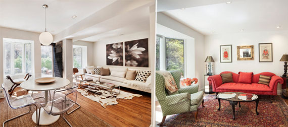 <em>From left: Staged apartment at 134 West 82nd Street and apartment before staging</em>