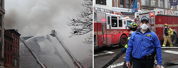 Scenes from the March 2015 explosion at 121 Second Avenue explosion (credit: Claire Moses / The Real Deal)