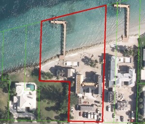 Aerial view of the waterfront 1.4-acre lot at 225 Indian Road, plus the Frisbie family's neighboring home at 219 Indian Road