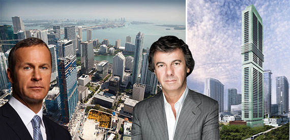 From left: Russian developer Vlad Doronin, an aerial view of the 830 Southeast First Avenue Site, CMC Group founder Ugo Colombo and a rendering of Brickell Flatiron
