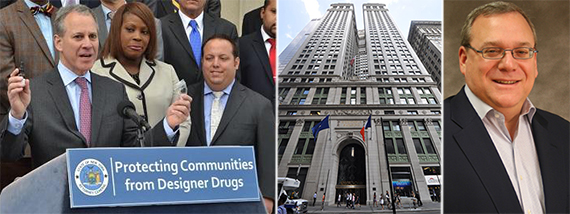 From left: Eric Schneiderman (credit: AG's office), 120 Broadway in the Financial District and CBRE's Scott Gottlieb