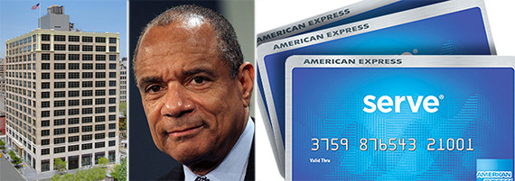 From left: 250 Hudson Street in Hudson Square, American Express CEO Kenneth Chenault and Serve debit cards