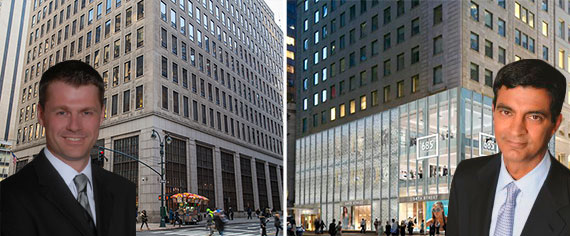 Brookfield Property Partners CEO Brian Kingston, GGP CEO Sandeep Mathrani with 685 Fifth Avenue and a rendering of 730 Fifth Ave