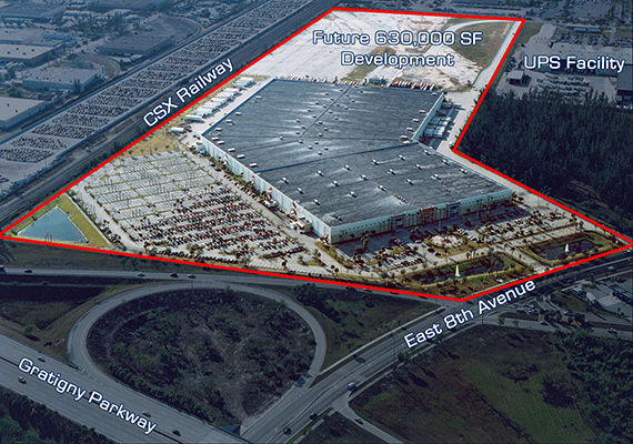 An aerial view of the Centergate at Gratigny distribution center in Hialeah and the attached development site