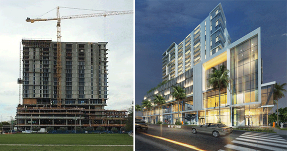 The topped off District 36, left, and a rendering of the finished 19-story building, right