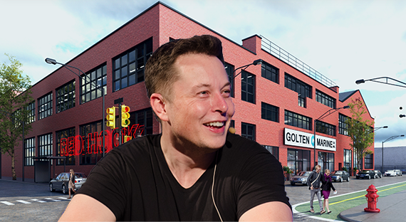 Elon Musk and rendering of 160 Van Brunt Street in Red Hook