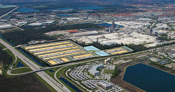 An aerial view of the Flagler Station development site in northwest Miami-Dade County. Spaces marked in yellow are the sites where phase III is being built.