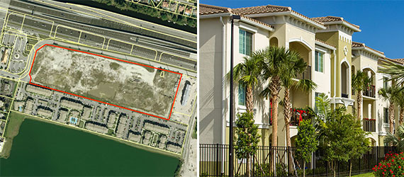 The Davie land included in the deal and a picture of Elan 33 West, Greystar's original apartmet community immediately to the south