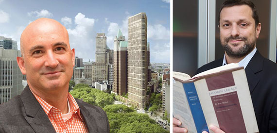 From left: David Kramer, a rendering of the library redevelopment and David Woloch