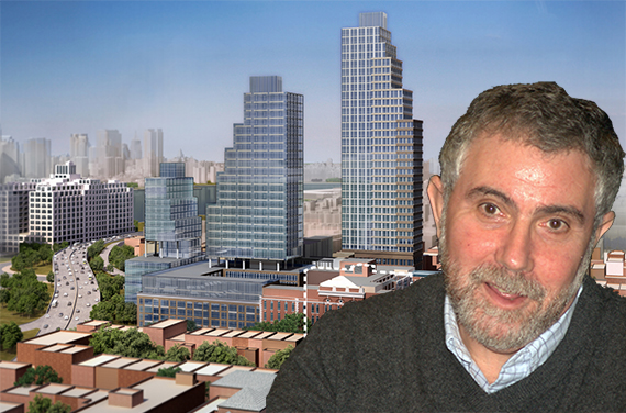 Paul Krugman and a rendering of Fortis' planned development at the former LICH site in Long Island City